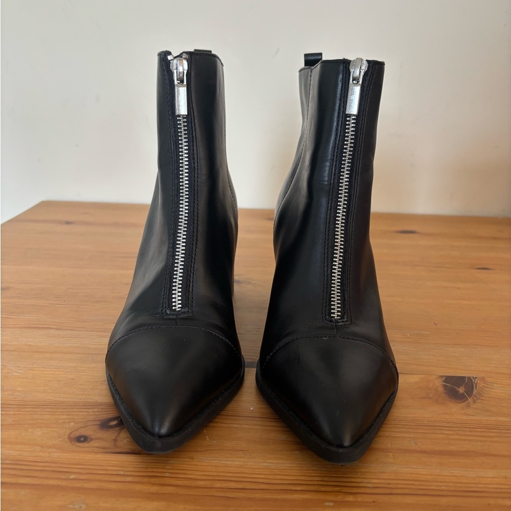 Sleek Black Pointed Toe Front-Zip Ankle Booties